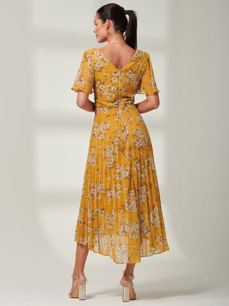 Jolie Moi Yellow Olenna Angel Sleeve Pleated Chiffon Maxi Dress - Image 2 of 6