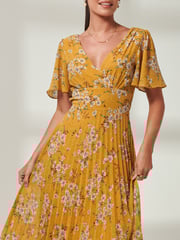 Jolie Moi Yellow Olenna Angel Sleeve Pleated Chiffon Maxi Dress - Image 3 of 6