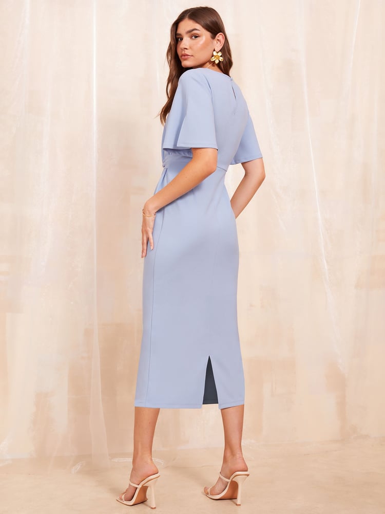 Friends Like These Blue Tailored Knot Detail Flutter Sleeve Midi Dress - Image 4 of 4 Friends Like These Blue Tailored Knot Detail Flutter Sleeve Midi Dress - Image 4 of 4