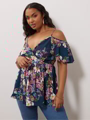 Yours Curve Blue YOURS LONDON Curve Navy Blue Floral Print Cold Shoulder Top - Image 1 of 5