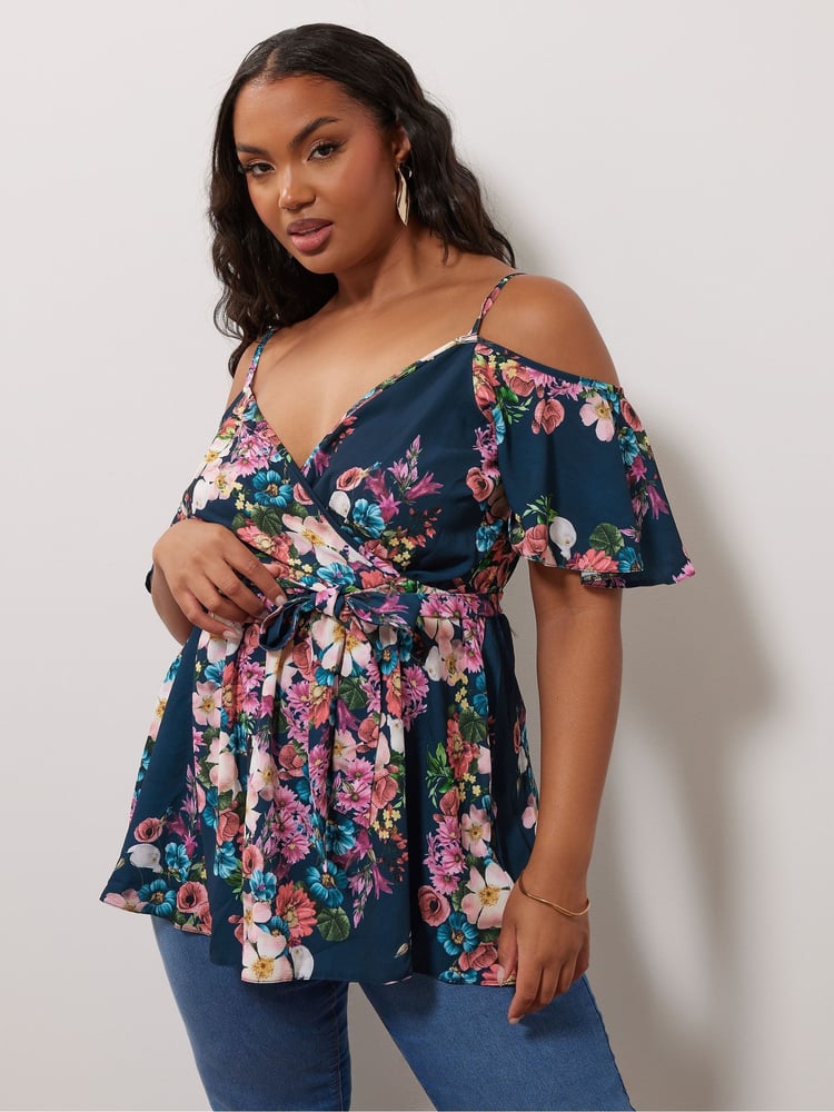 Yours Curve Blue YOURS LONDON Curve Navy Blue Floral Print Cold Shoulder Top - Image 1 of 5