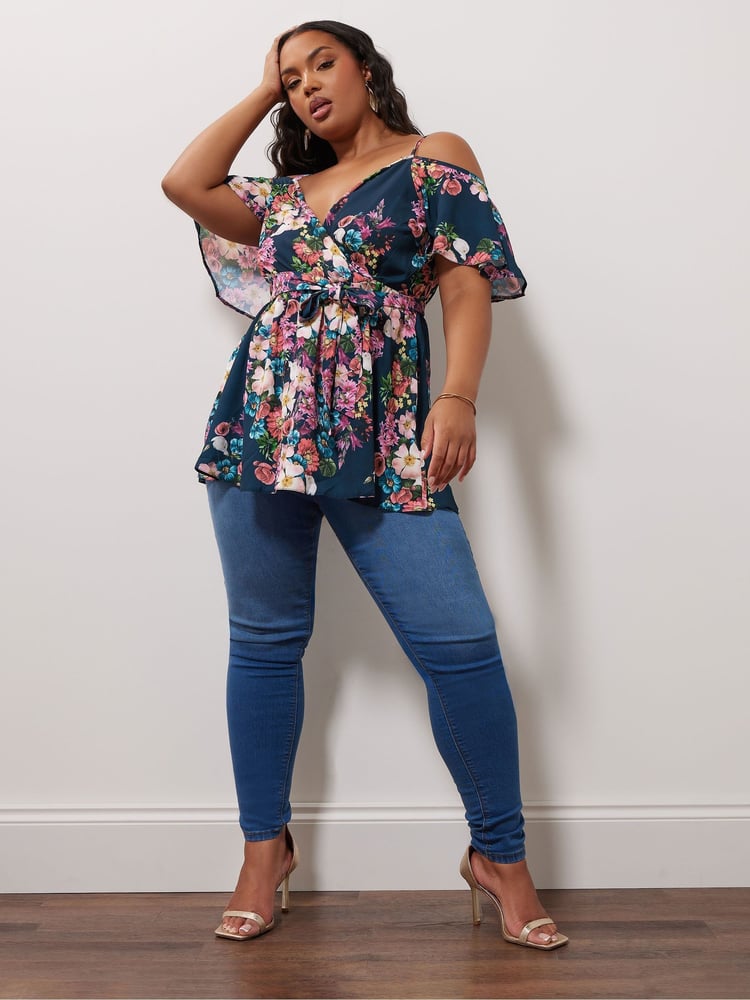 Yours Curve Blue YOURS LONDON Curve Navy Blue Floral Print Cold Shoulder Top - Image 2 of 5