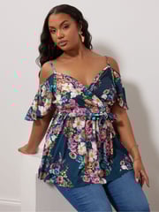 Yours Curve Blue YOURS LONDON Curve Navy Blue Floral Print Cold Shoulder Top - Image 3 of 5