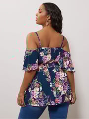 Yours Curve Blue YOURS LONDON Curve Navy Blue Floral Print Cold Shoulder Top - Image 4 of 5