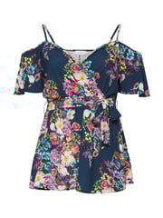 Yours Curve Blue YOURS LONDON Curve Navy Blue Floral Print Cold Shoulder Top - Image 5 of 5