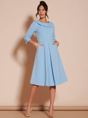 Jolie Moi Light Blue 3/4 Sleeve Fold Neck Midi Dress - Image 1 of 6