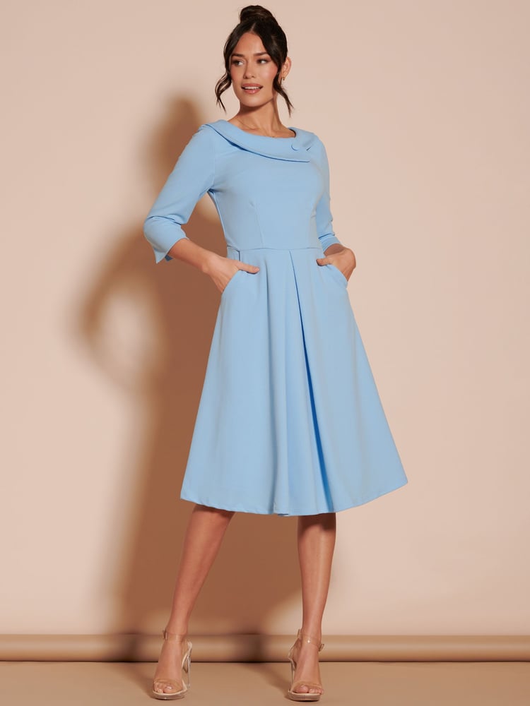 Jolie Moi Light Blue 3/4 Sleeve Fold Neck Midi Dress - Image 1 of 6