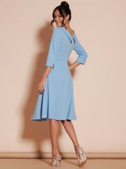 Jolie Moi Light Blue 3/4 Sleeve Fold Neck Midi Dress - Image 2 of 6