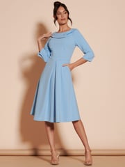 Jolie Moi Light Blue 3/4 Sleeve Fold Neck Midi Dress - Image 3 of 6