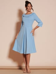 Jolie Moi Light Blue 3/4 Sleeve Fold Neck Midi Dress - Image 4 of 6