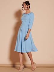 Jolie Moi Light Blue 3/4 Sleeve Fold Neck Midi Dress - Image 5 of 6