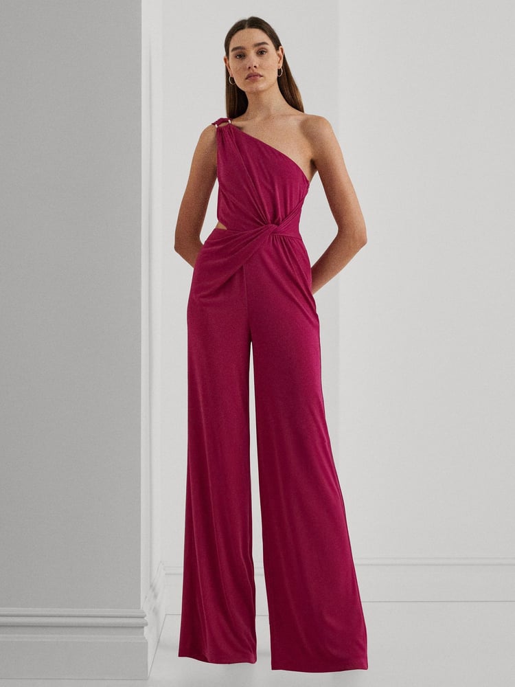 Lauren Ralph Lauren Dark Red Isamy Twist Front Jersey One Shoulder Jumpsuit - Image 1 of 9