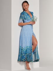 Jolie Moi Blue Peggy Ruched Sleeve Wrap Mesh Maxi Dress - Image 1 of 6