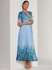 Jolie Moi Blue Peggy Ruched Sleeve Wrap Mesh Maxi Dress - Image 4 of 6