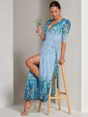 Jolie Moi Blue Peggy Ruched Sleeve Wrap Mesh Maxi Dress - Image 5 of 6