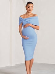Club L London Blue Maternity Alyssa Bardot Bow Midi Dress with Ruching - Image 1 of 5