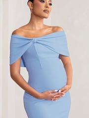 Club L London Blue Maternity Alyssa Bardot Bow Midi Dress with Ruching - Image 2 of 5