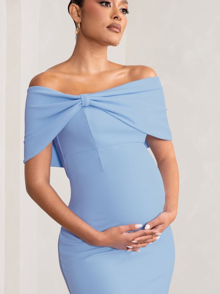 Club L London Blue Maternity Alyssa Bardot Bow Midi Dress with Ruching - Image 2 of 5
