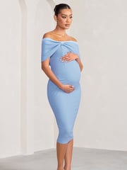 Club L London Blue Maternity Alyssa Bardot Bow Midi Dress with Ruching - Image 3 of 5