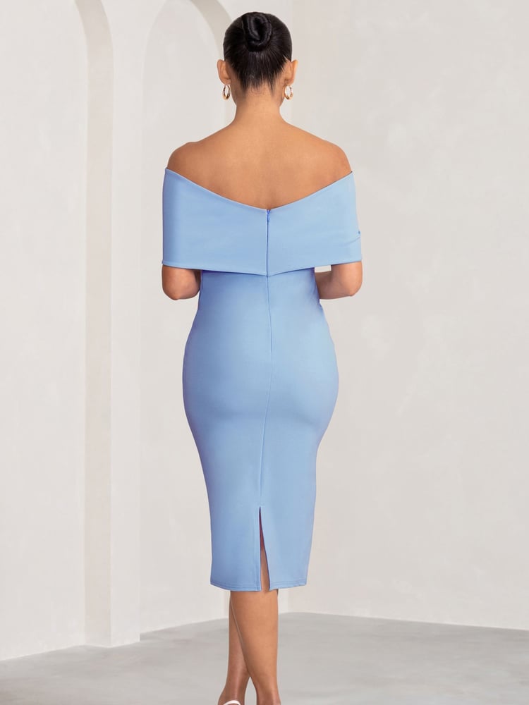 Club L London Blue Maternity Alyssa Bardot Bow Midi Dress with Ruching - Image 5 of 5