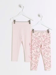 River Island Pink Girls Bow Multipack Rib 100% Cotton Leggings - Image 1 of 4
