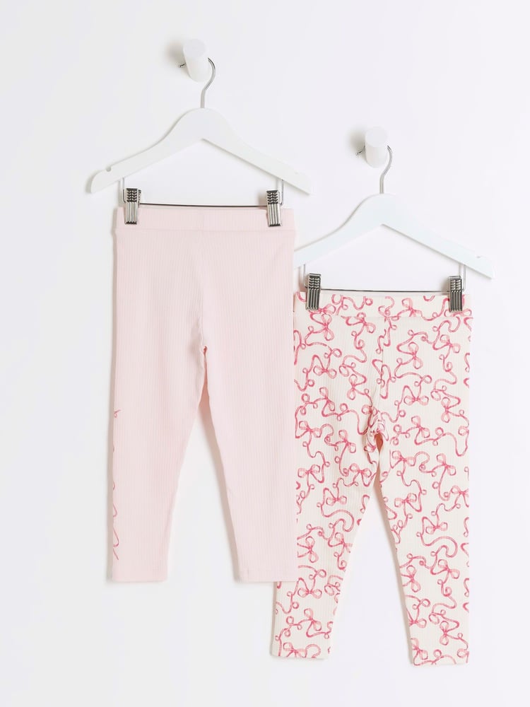 River Island Pink Girls Bow Multipack Rib 100% Cotton Leggings - Image 2 of 4