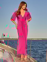 Sosandar Purple Ruched Detail Angel Sleeve Maxi Dress - Image 1 of 5