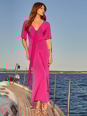Sosandar Purple Ruched Detail Angel Sleeve Maxi Dress - Image 2 of 5