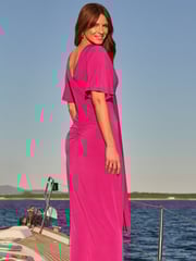 Sosandar Purple Ruched Detail Angel Sleeve Maxi Dress - Image 4 of 5