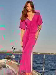 Sosandar Purple Ruched Detail Angel Sleeve Maxi Dress - Image 5 of 5