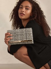 Monochrome Bouclé Clutch Bag With Detachable Cross-Body Chain - Image 1 of 10