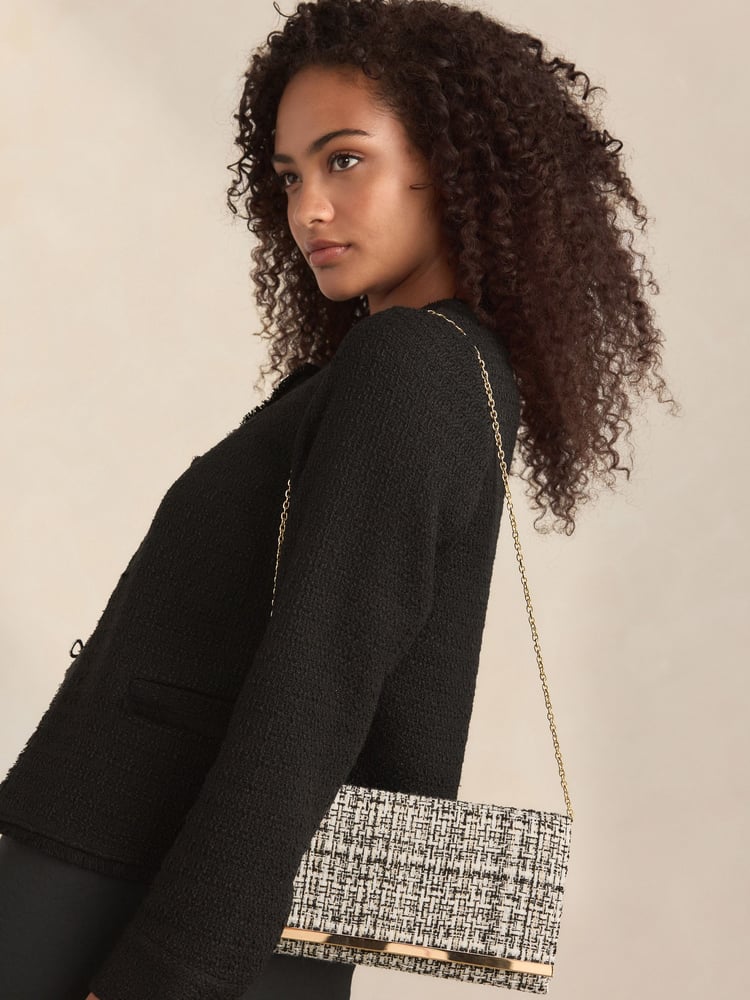 Monochrome Bouclé Clutch Bag With Detachable Cross-Body Chain - Image 2 of 10