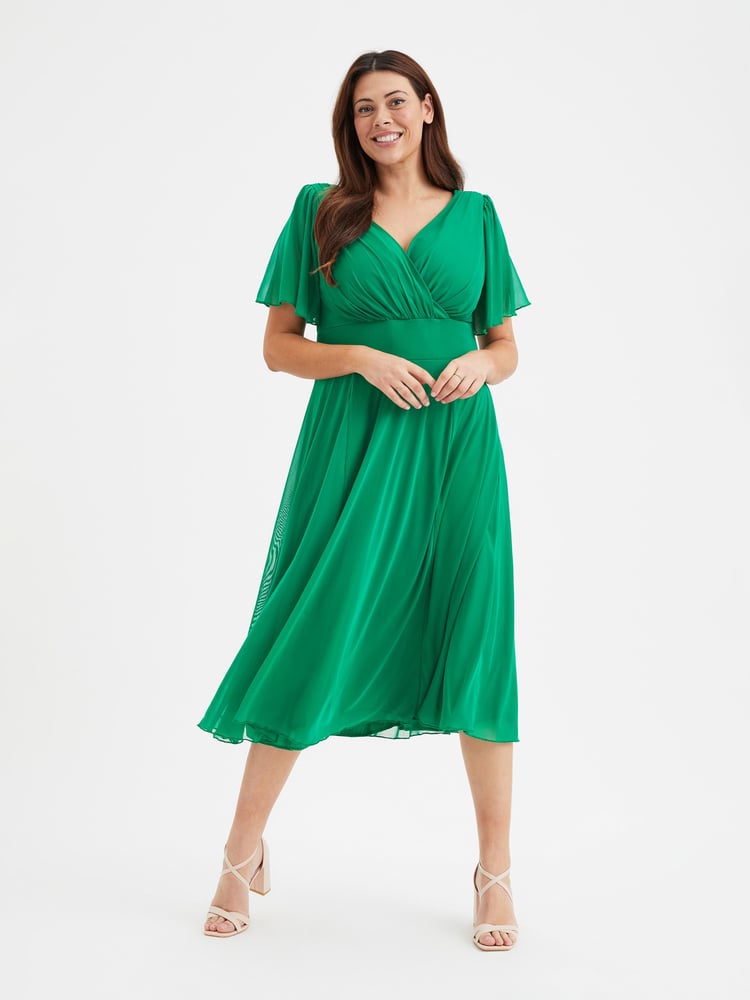 Scarlett & Jo Green Victoria Angel Sleeve Mesh Midi long Dress - Image 1 of 4