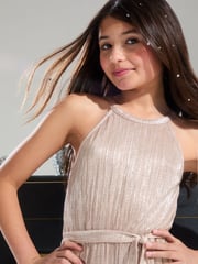 Lipsy Silver Halterneck Metallic Pleated Jumpsuit (5-16yrs) - Image 2 of 4