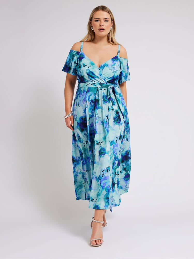 Yours Curve Blue London Floral Bardot Maxi Dress - Image 1 of 5