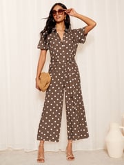 Friends Like These Brown Collar Button Through Culotte Jumpsuit - Image 3 of 4
