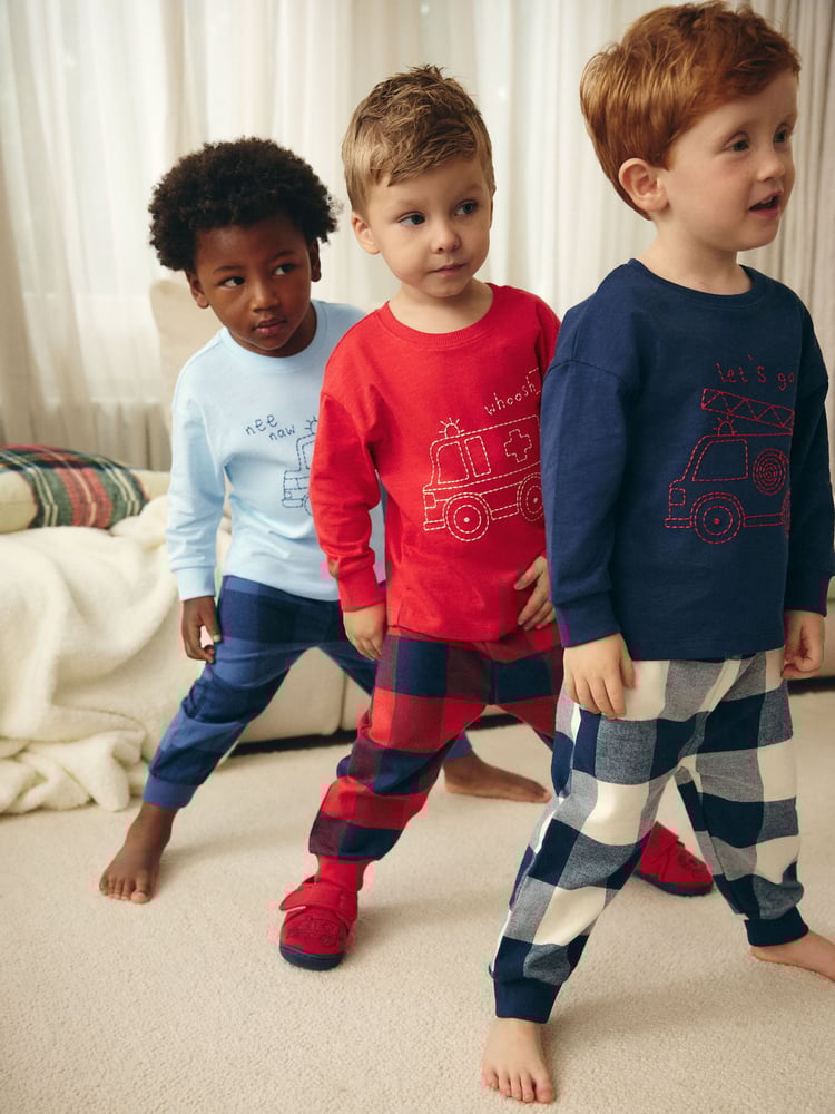 Red/Navy/Blue Vehicle Check Woven Bottom Pyjamas 3 Pack (9mths-8yrs) - Image 2 of 11 Red/Navy/Blue Vehicle Check Woven Bottom Pyjamas 3 Pack (9mths-8yrs) - Image 2 of 11