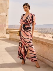 Love & Roses Pink Printed Ruched Flutter Sleeve Midi Dress - Image 1 of 4