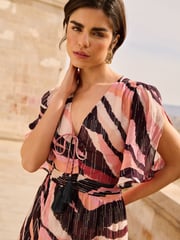 Love & Roses Pink Printed Ruched Flutter Sleeve Midi Dress - Image 2 of 4