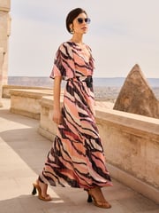Love & Roses Pink Printed Ruched Flutter Sleeve Midi Dress - Image 4 of 4