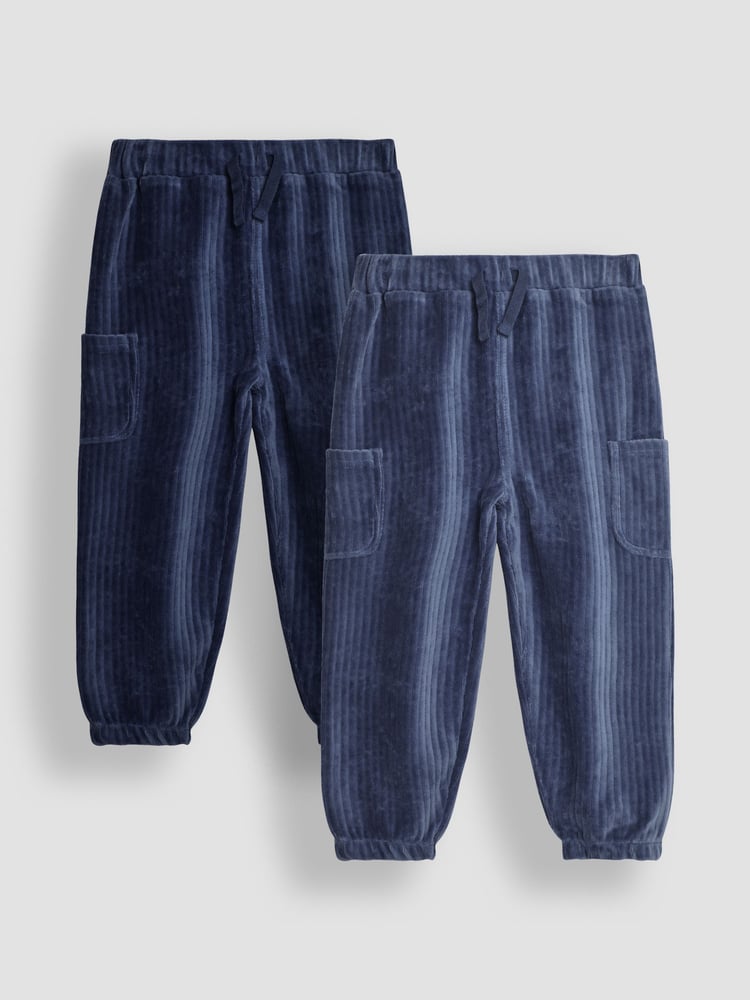 JoJo Maman Bébé Navy Blue & Denim Blue 2-Pack Velour Pocket Joggers - Image 1 of 7
