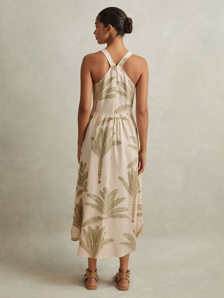 Reiss Neutral/Green Anna Petite 100% Linen Tropical Print Midi Dress - Image 1 of 7