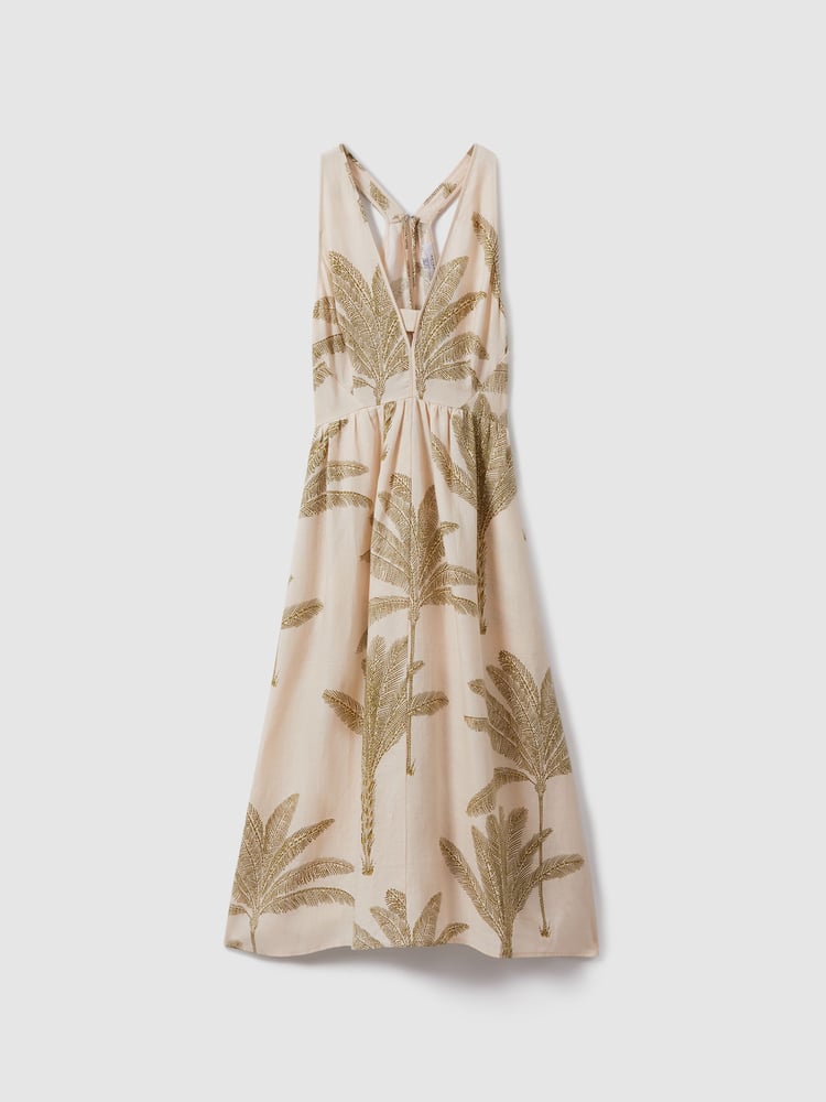 Reiss Neutral/Green Anna Petite 100% Linen Tropical Print Midi Dress - Image 2 of 7