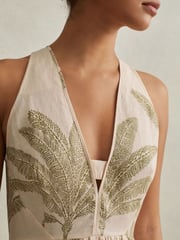 Reiss Neutral/Green Anna Petite 100% Linen Tropical Print Midi Dress - Image 3 of 7