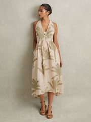 Reiss Neutral/Green Anna Petite 100% Linen Tropical Print Midi Dress - Image 4 of 7