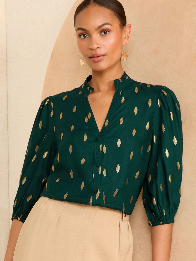 Love & Roses Green Foil Ruffle V Neck 3/4 Sleeve Button Through Blouse - Image 1 of 4