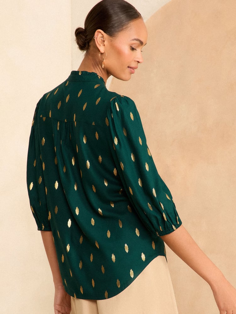 Love & Roses Green Foil Ruffle V Neck 3/4 Sleeve Button Through Blouse - Image 4 of 4
