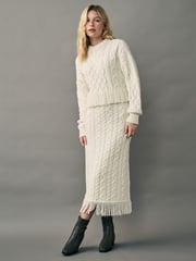 White Ecru Cable Knitted Fringe Crew Neck Jumper - Image 2 of 5