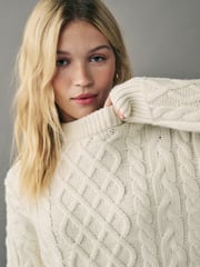 White Ecru Cable Knitted Fringe Crew Neck Jumper - Image 4 of 5
