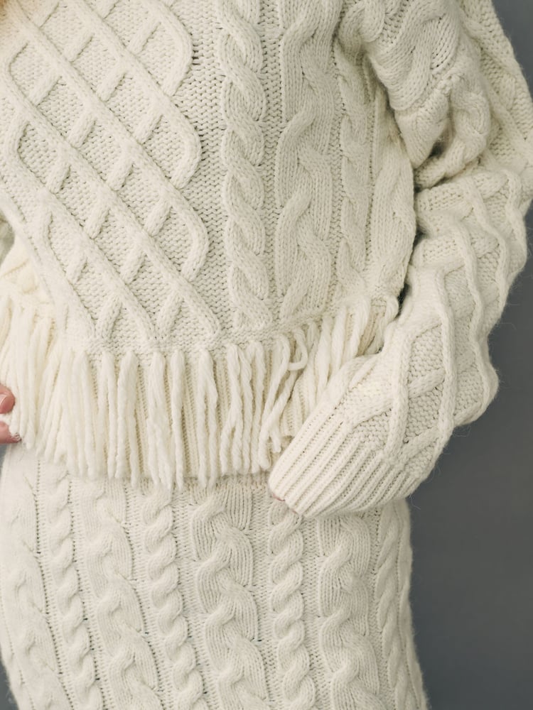 White Ecru Cable Knitted Fringe Crew Neck Jumper - Image 5 of 5